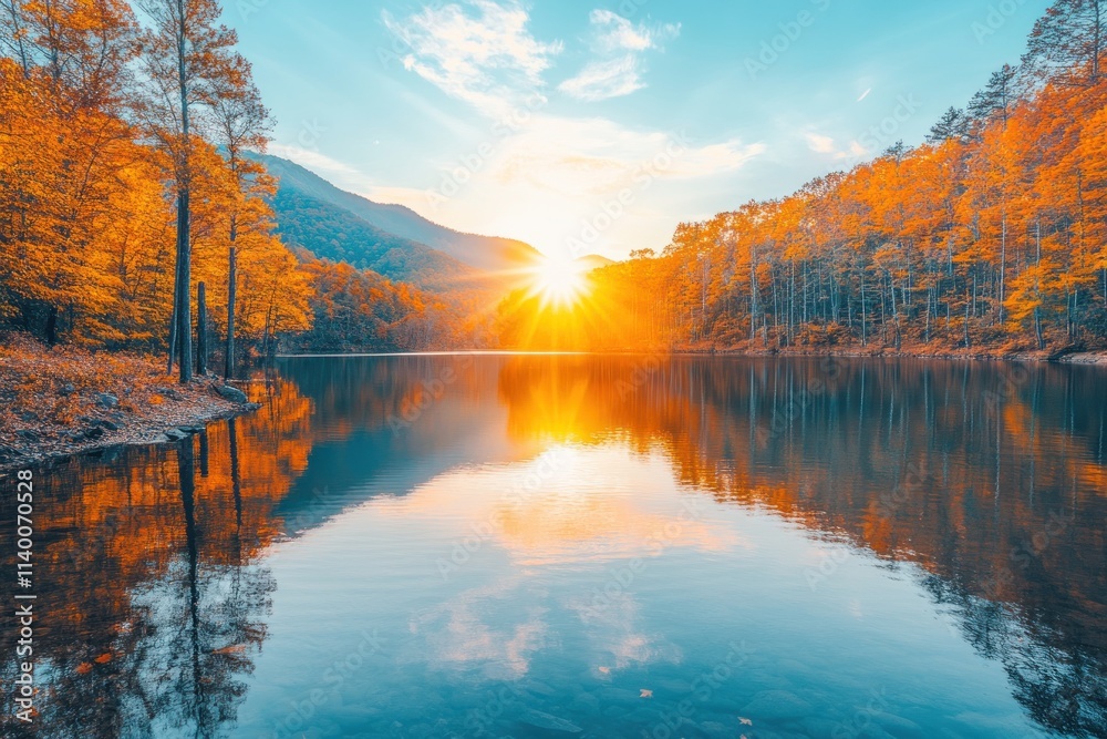A serene lake at sunset, surrounded by vibrant autumn foliage and mountains. A serene lake at sunset, surrounded by vibrant autumn foliage and mountains.