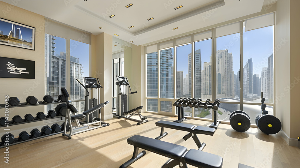 Fototapeta premium Bright gym with equipment, city view.