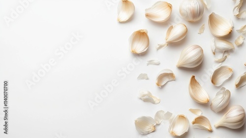 Garlic cloves and peels scattered on a white background showcasing the natural texture and color of fresh garlic bulbs.