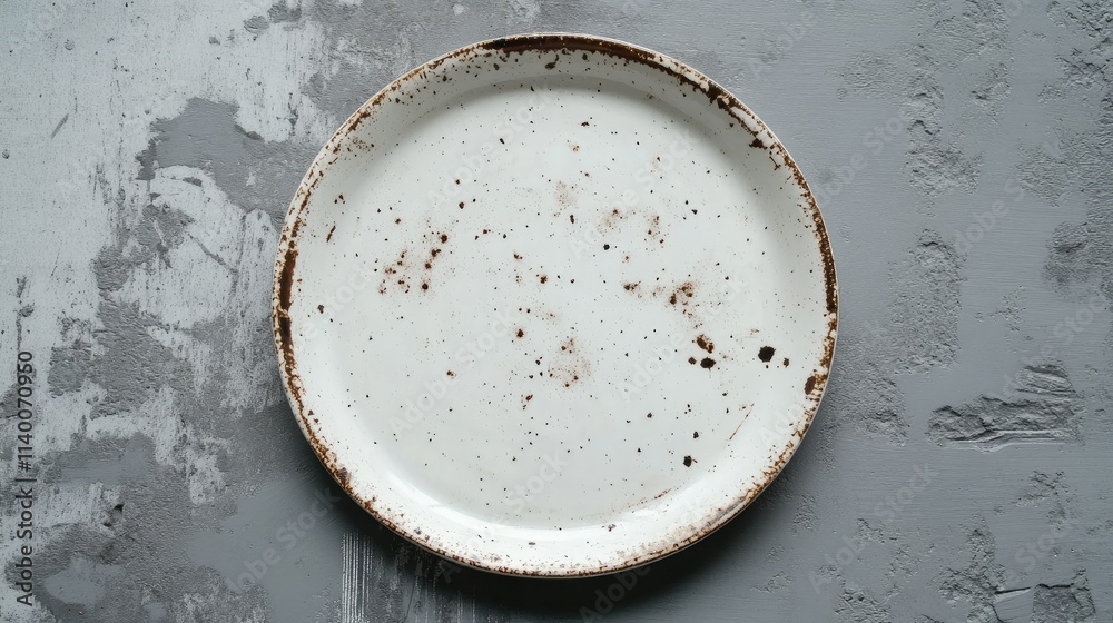 Dirty white plate on textured grey floor after meal showcasing remnants of food and wear marks Dirty white plate on textured grey floor after meal showcasing remnants of food and wear marks