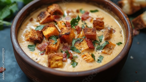 Creamy pumpkin and sweet potato soup topped with crispy bacon and herbs in a rustic bowl on a dark background with homemade croutons