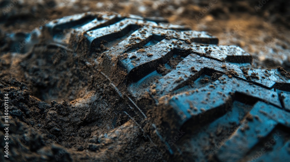 Tread pattern of a dirty tire track embedded in the earthy soil demonstrating off-road vehicle usage and terrain impact. Tread pattern of a dirty tire track embedded in the earthy soil demonstrating off-road vehicle usage and terrain impact.