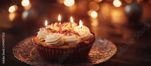 Festive birthday celebration with lit candles on a delicious muffin creating a warm and inviting atmosphere for special occasions and anniversaries photo