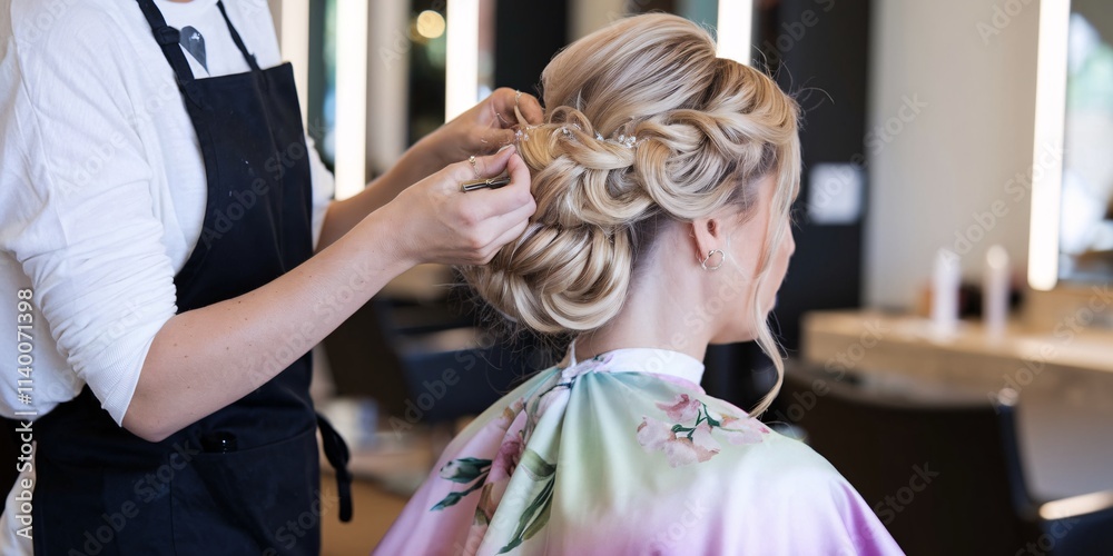Obraz premium A bride having her hair styled, adorned with a sparkling hairpiece. The hairstylist carefully arranges the intricate updo, ensuring every detail is flawless for the special day.