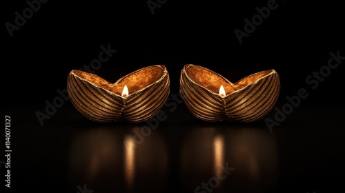 Diwali lamps or diyas in decorative holders illuminated and isolated against a dark background for festive themes and celebrations photo