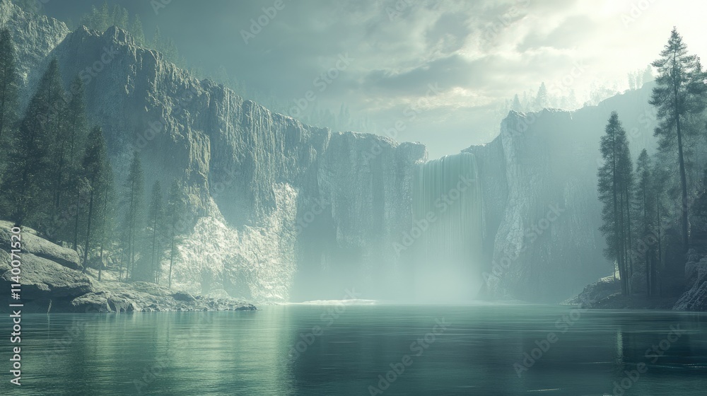 Fototapeta premium Misty landscape of Crater Lake with dramatic cliffs and serene waters surrounded by tall evergreen trees under a cloudy sky