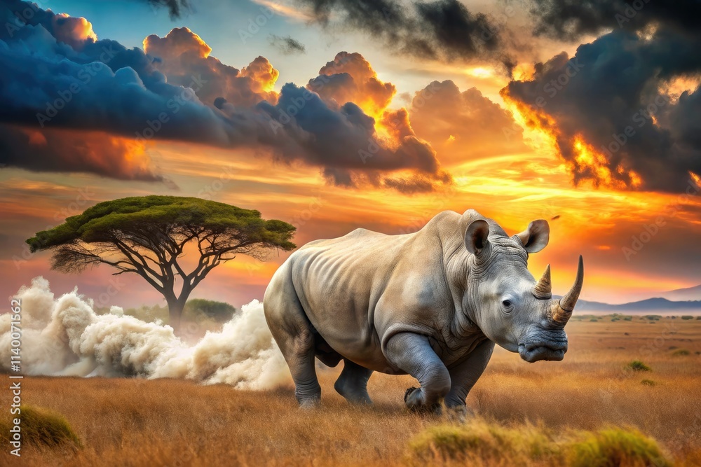 Fototapeta premium African dust storm swirls around charging rhinos at sunset; a breathtaking, surreal wildlife photograph.