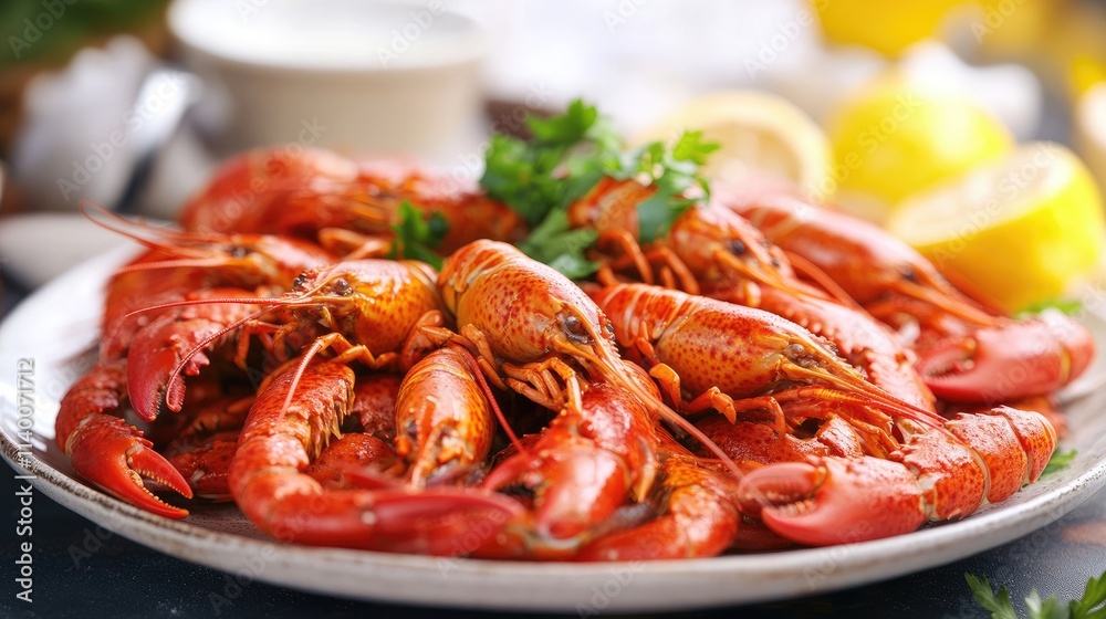 Deliciously Plated Crayfish Appetizer with Fresh Herbs and Lemon Slices on Rustic Table Setting Deliciously Plated Crayfish Appetizer with Fresh Herbs and Lemon Slices on Rustic Table Setting