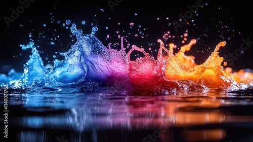 Vibrant water splashes amidst a colorful dust explosion illuminated against a dark backdrop showcasing dynamic motion and vivid hues. photo