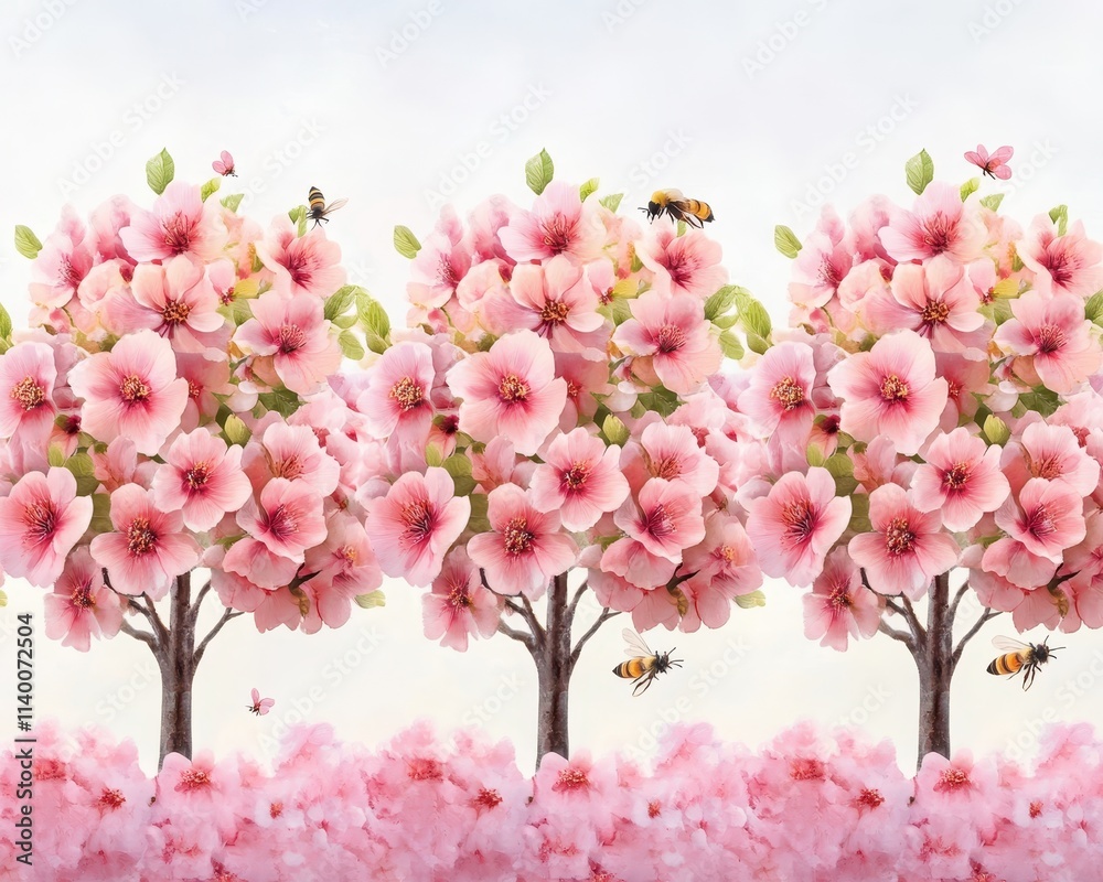 Blossoming Cherry Trees with Pink Flowers and Bees in a Tranquil Nature Setting Blossoming Cherry Trees with Pink Flowers and Bees in a Tranquil Nature Setting