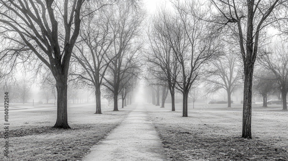 Misty pathway lined with leafless trees creating a serene and somber atmosphere on a foggy day in black and white Misty pathway lined with leafless trees creating a serene and somber atmosphere on a foggy day in black and white