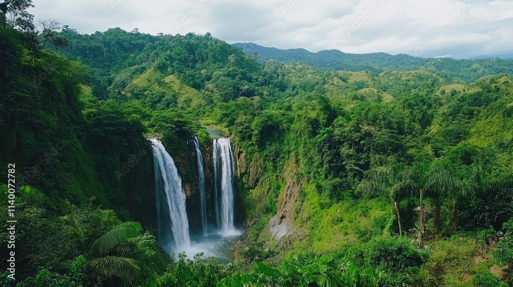 Majestic waterfall cascading through lush foliage in a verdant landscape under a cloudy sky Majestic waterfall cascading through lush foliage in a verdant landscape under a cloudy sky