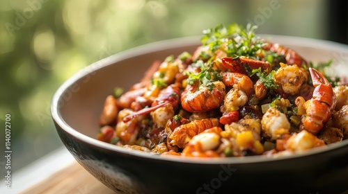 Delicious plate of flavorful cooked crawfish garnished with herbs in a rustic bowl on a wooden table.