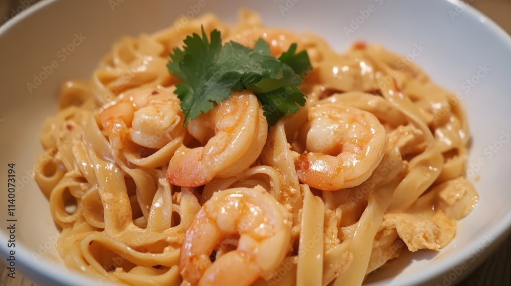 Savory Tom Yum Noodles with Shrimp and Fresh Cilantro in a White Bowl Savory Tom Yum Noodles with Shrimp and Fresh Cilantro in a White Bowl