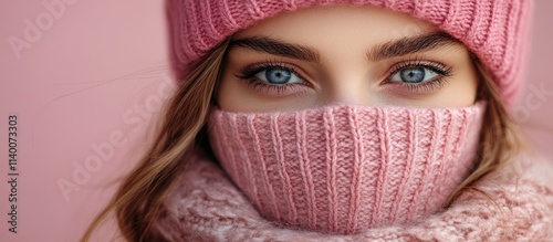 Young woman in pink hat and mask on pastel background celebrating winter holidays with a stylish and cozy look during festive season photo