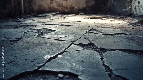 Cracked concrete floor with dusty texture in a neglected and abandoned building environment showcasing urban decay and deterioration photo