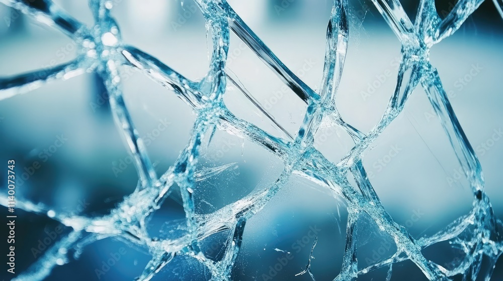 Detailed close-up of cracked and broken glass showcasing intricate patterns and reflections in a vibrant background creating a dramatic effect Detailed close-up of cracked and broken glass showcasing intricate patterns and reflections in a vibrant background creating a dramatic effect