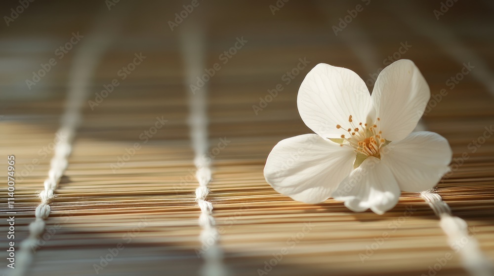 Delicate cream and white flower resting on a natural bamboo mat with soft lighting creating a serene atmosphere for relaxation and beauty. Delicate cream and white flower resting on a natural bamboo mat with soft lighting creating a serene atmosphere for relaxation and beauty.