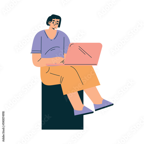 Man Sit with Laptop at Shooting Film Movie Production Scene Vector Illustration