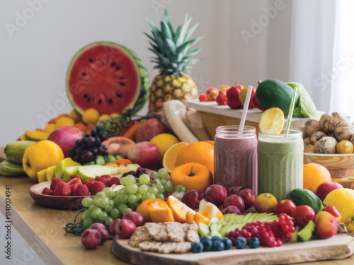 Healthy food items, including salads, nuts, and fresh fruits, set on a table