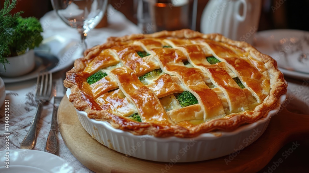 Homemade salmon and broccoli quiche served at a dinner table with elegant dishes and cutlery in a cozy dining setting Homemade salmon and broccoli quiche served at a dinner table with elegant dishes and cutlery in a cozy dining setting