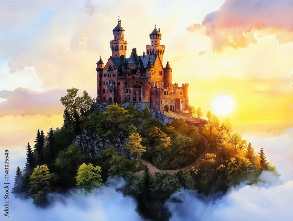 Majestic Fairytale Castle on a Hilltop Surrounded by Misty Clouds and Sunrise Glow Majestic Fairytale Castle on a Hilltop Surrounded by Misty Clouds and Sunrise Glow
