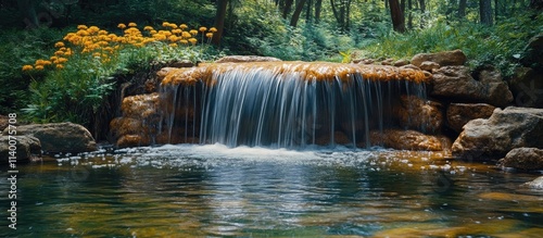 Serene waterfall cascading over rocks into a tranquil pool surrounded by lush greenery and vibrant flowers in a peaceful natural setting