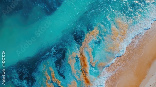 Turquoise sea surface with colorful oily film and sandy beach creating striking contrast in natural beauty