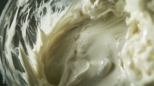 Cream texture in a glass bowl close up showing smooth consistency and rich appearance ideal for culinary and food photography use
