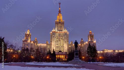 The Main Building Of Moscow State University On Sparrow Hills At Winter timelapse day to Night photo