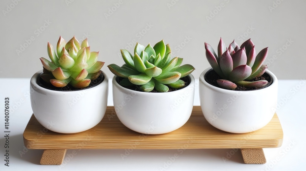 Stylish trio of colorful succulent plants in white ceramic pots on a natural wooden stand against a minimalist background. Stylish trio of colorful succulent plants in white ceramic pots on a natural wooden stand against a minimalist background.