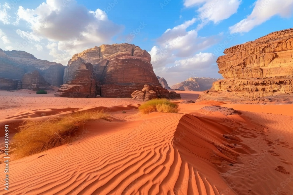 Naklejka premium beautiful landscape photo, red hills in the middle of a vast desert and beautiful blue clouds
