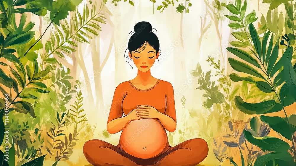 A serene Asian woman during pregnancy meditates in a vibrant green forest, exuding tranquility and mindfulness. Dressed in orange, the setting conveys a strong connection to nature and peace. A serene Asian woman during pregnancy meditates in a vibrant green forest, exuding tranquility and mindfulness. Dressed in orange, the setting conveys a strong connection to nature and peace.
