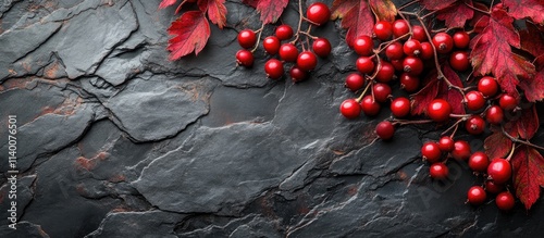 Panel kuchenny z motywem Vibrant red berries with autumn leaves on slate background ideal for creative designs and marketing materials with ample copy space