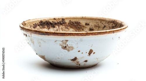 Grimy ceramic bowl with remnants of food and stains on a white background showcasing neglect and wear in kitchenware items