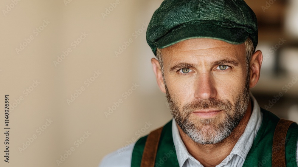 Portrait of a Handsome Middle Aged Man with Blond Hair and Green Cap Portrait of a Handsome Middle Aged Man with Blond Hair and Green Cap