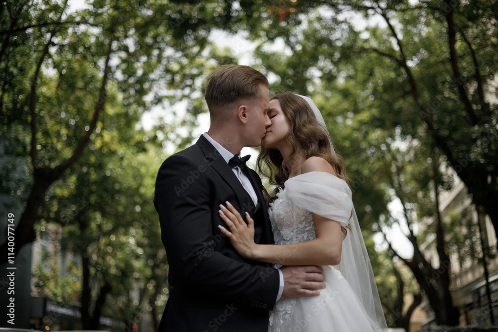 A Romantic Wedding Kiss Shared in the Heart of Natures Beautiful Landscape and Serenity A Romantic Wedding Kiss Shared in the Heart of Natures Beautiful Landscape and Serenity