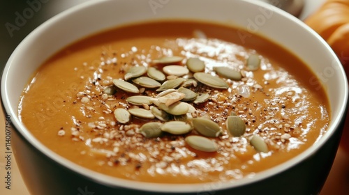 Creamy pumpkin soup topped with seeds served in a bowl on a rustic wooden table garnished with spices and fresh ingredients