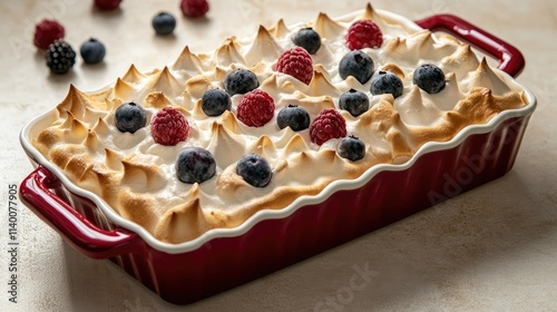 Delicious baked meringue dessert topped with fresh raspberries and blueberries in a red baking dish