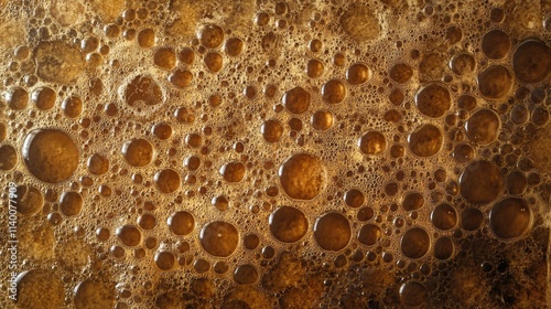 Craft beer bubbles texture in close-up showcasing rich amber hues and intricate foam patterns for beverage design and advertising purposes photo