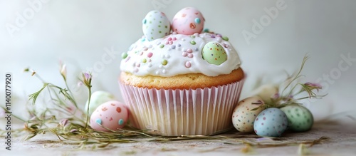 Easter themed cupcake decorated with pastel eggs and flowers on a light background for festive celebrations photo