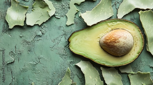 Avocado cut in half on a cracked textured background with light green tones ideal for natural food or wellness themed designs photo