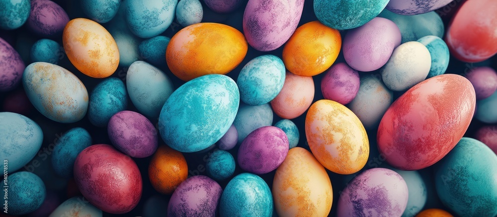 Colorful handcrafted Easter eggs arranged in a festive background for holiday celebrations Aerial view of vibrant seasonal decorations Colorful handcrafted Easter eggs arranged in a festive background for holiday celebrations Aerial view of vibrant seasonal decorations