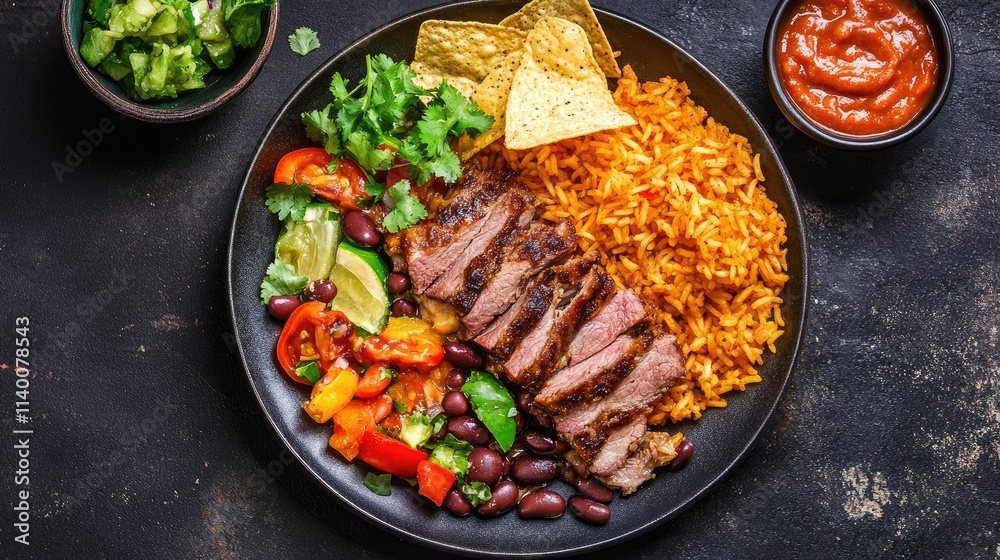 Savory pork dish served with seasoned rice, beans, tortilla chips, fresh salad, and vibrant salsa in a black bowl. Savory pork dish served with seasoned rice, beans, tortilla chips, fresh salad, and vibrant salsa in a black bowl.