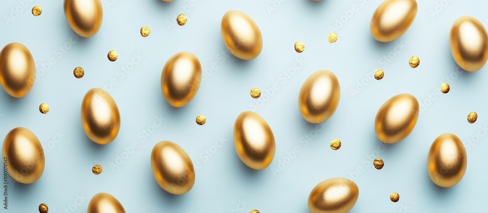Minimalist Easter backdrop featuring a flat lay arrangement of gleaming golden eggs and scattered droplets on a soft blue background. Minimalist Easter backdrop featuring a flat lay arrangement of gleaming golden eggs and scattered droplets on a soft blue background.