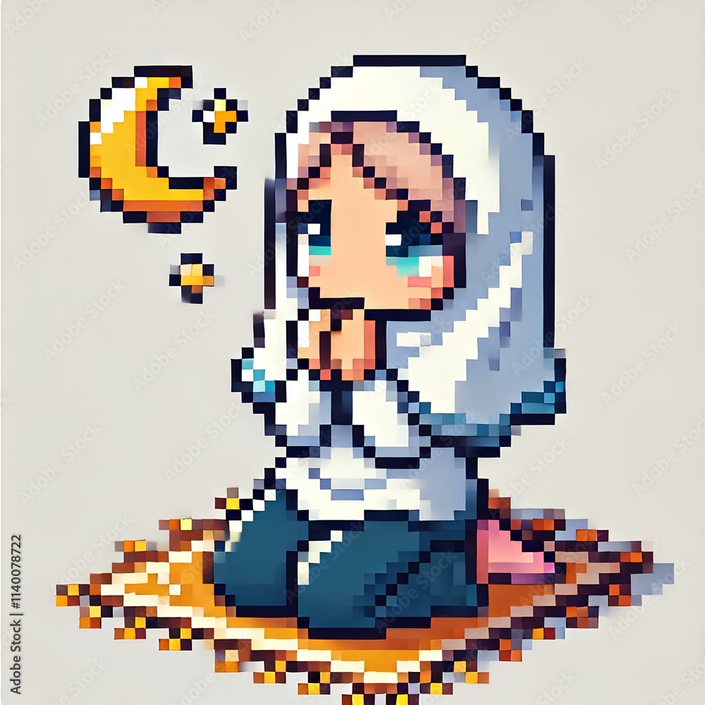 Obraz premium Muslim Girl Praying on White Background in Pixel Style