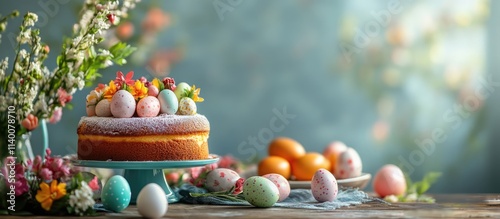 Easter celebration backdrop with traditional dining table, decorated cake, colorful Easter eggs, and spring flowers in soft lighting.
