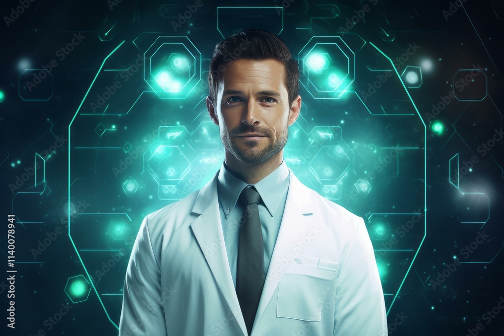 Confident medical scientist analyzing data with a futuristic interface, exploring new technologies for healthcare innovation Confident medical scientist analyzing data with a futuristic interface, exploring new technologies for healthcare innovation