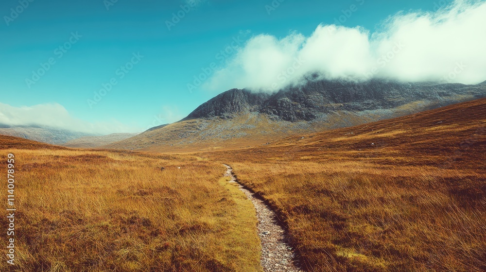 Distant mountains shrouded in mist with autumn grass and clear blue sky on a vintage film styled day in nature's serene landscape Distant mountains shrouded in mist with autumn grass and clear blue sky on a vintage film styled day in nature's serene landscape