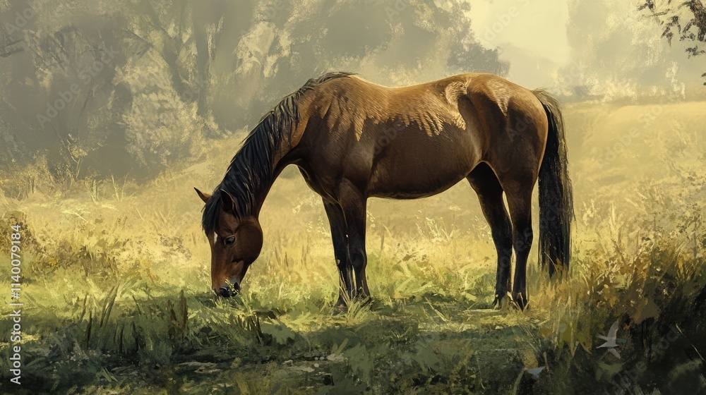 Brown horse grazing in a lush green field during early spring with sunlight filtering through trees in the background Brown horse grazing in a lush green field during early spring with sunlight filtering through trees in the background